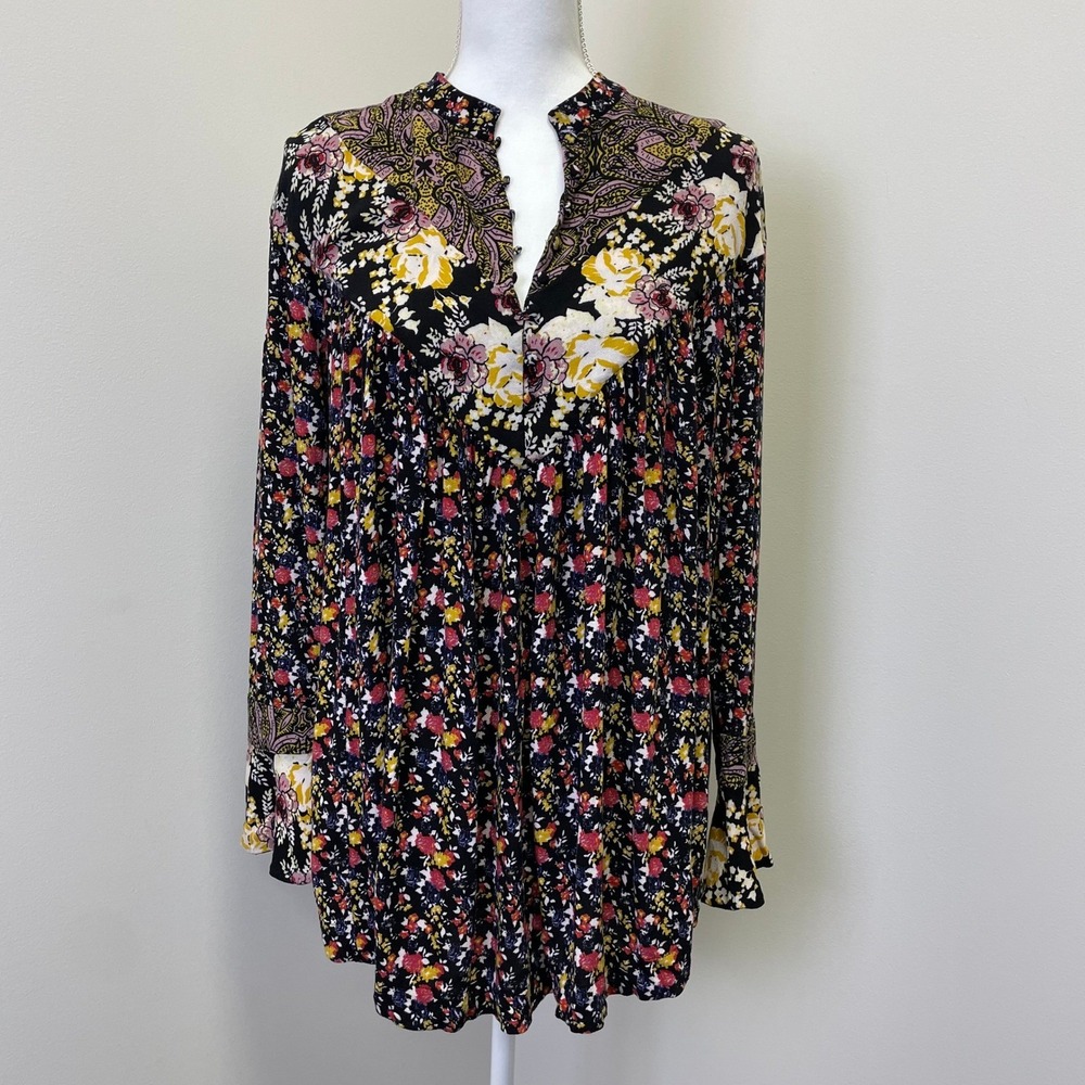 Free People Floral Paisley Mixed Print Tunic Top Black Yellow Red Small Boho